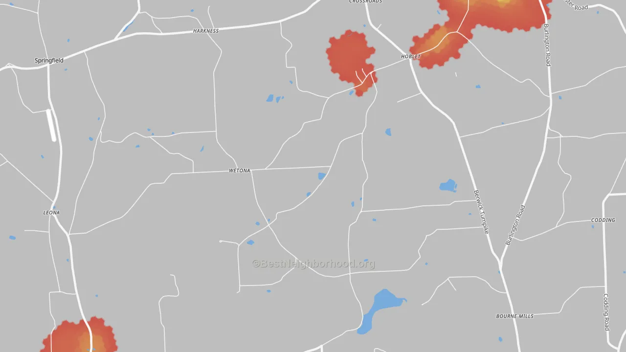 Walk Grade map of Wetona, PA, walkable areas in green and car-dependent areas in red
