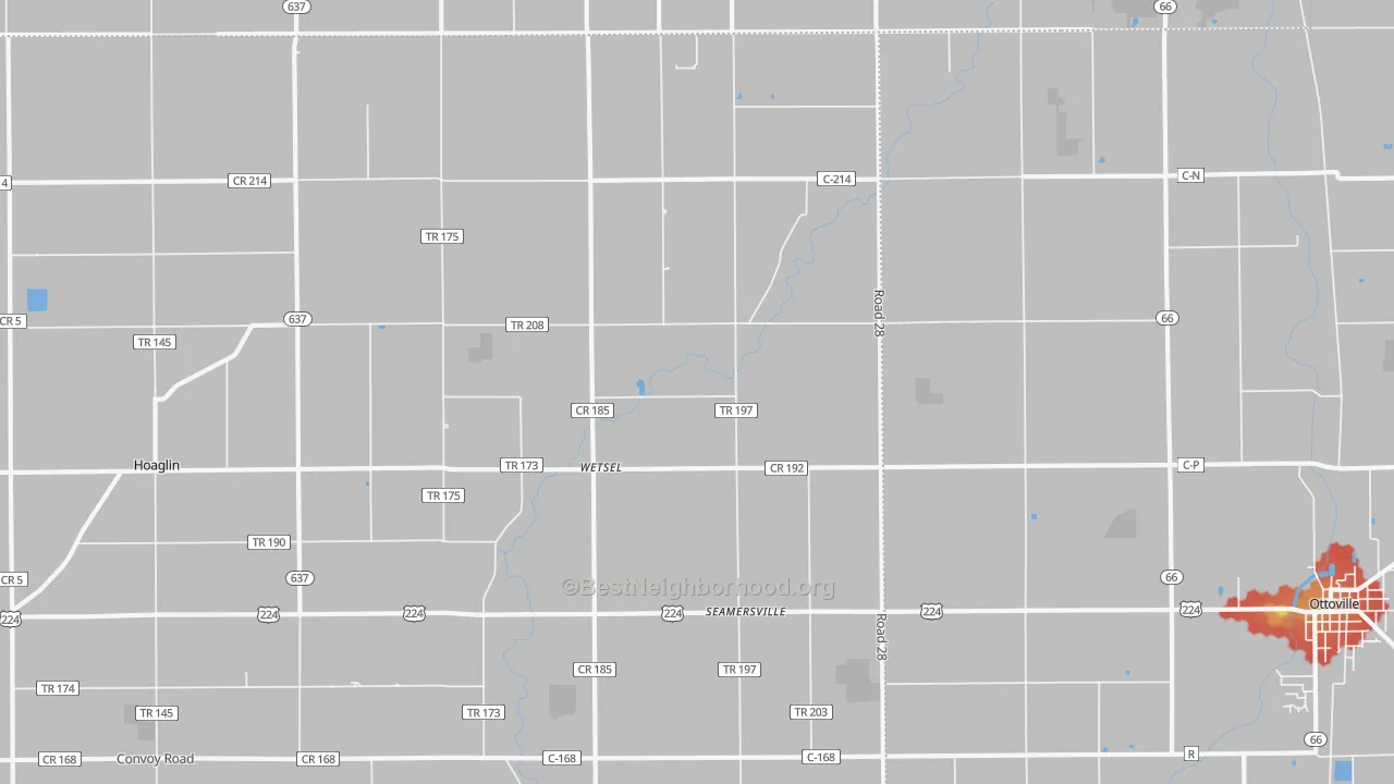 Walk Grade map of Wetsel, OH, walkable areas in green and car-dependent areas in red