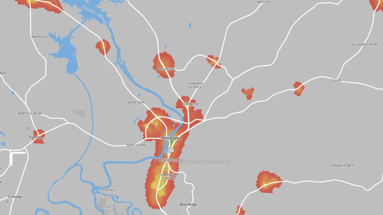 Walk Grade map of Wetumpka, AL, walkable areas in green and car-dependent areas in red