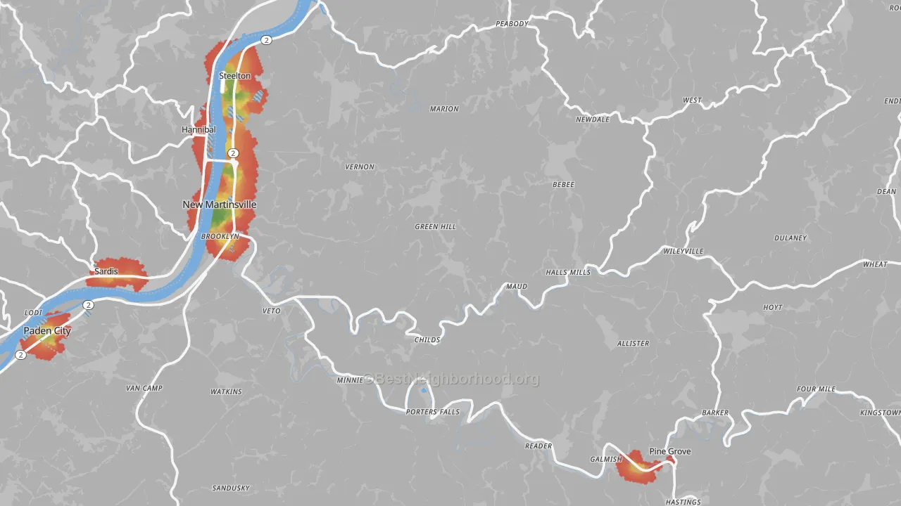 Walk Grade map of Wetzel County, WV, walkable areas in green and car-dependent areas in red