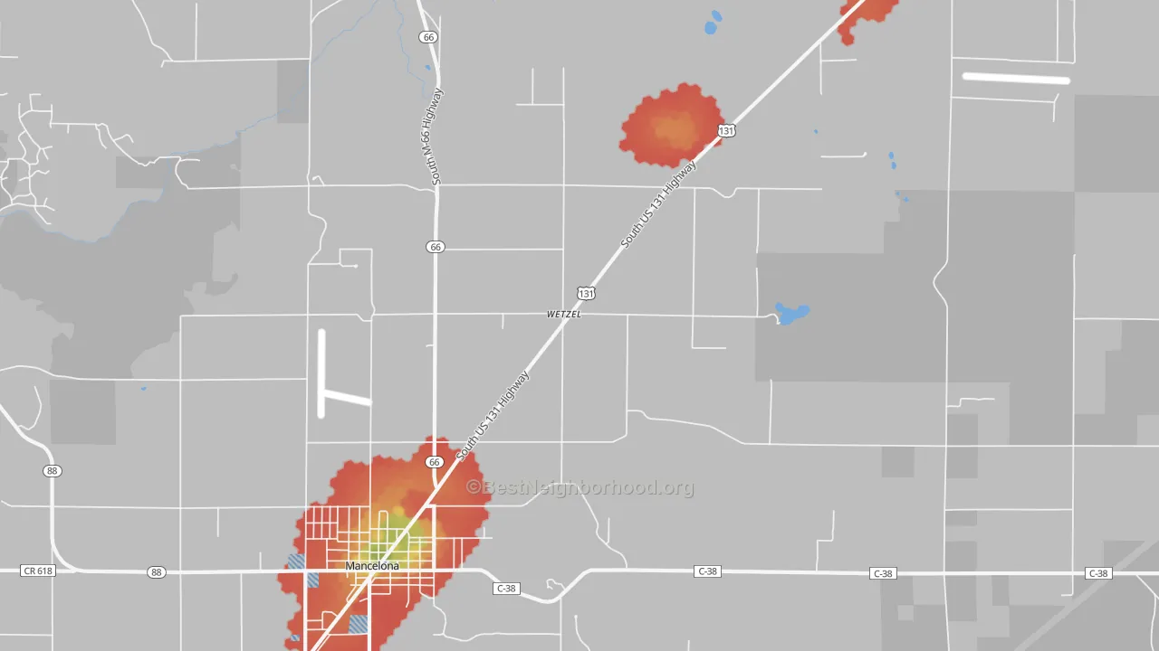 Walk Grade map of Wetzel, MI, walkable areas in green and car-dependent areas in red