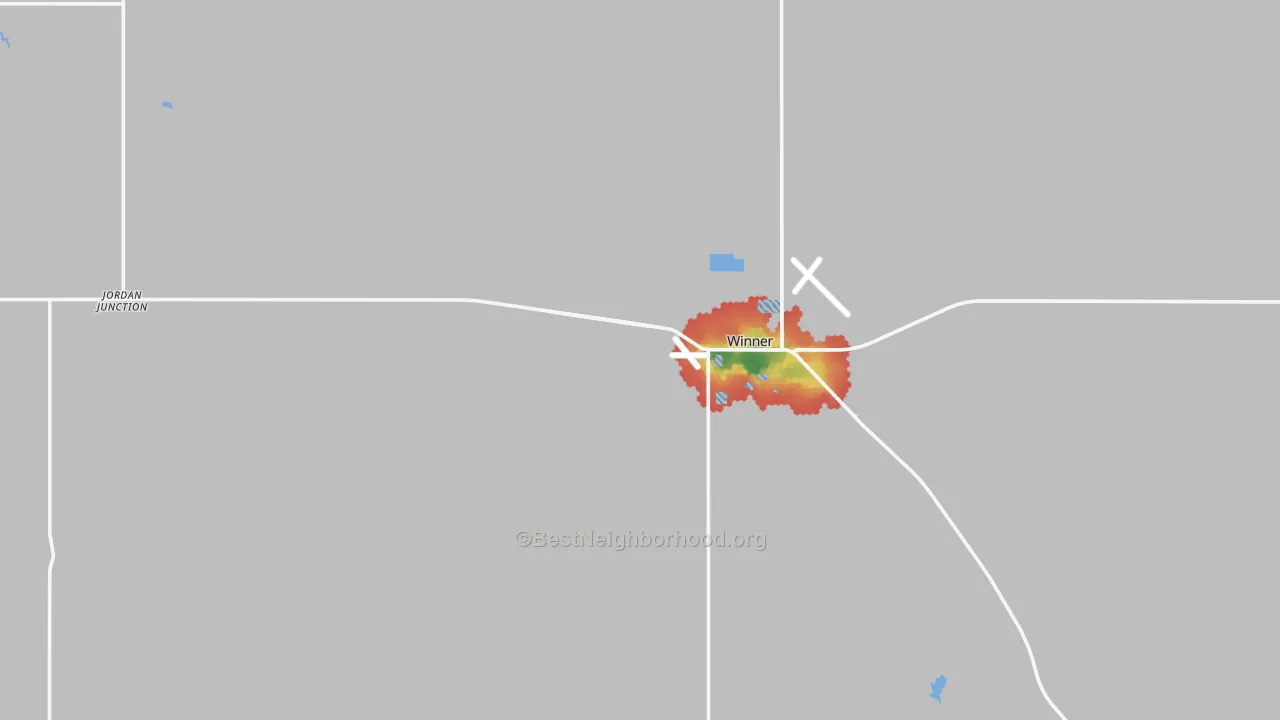 Walk Grade map of Wewela, SD, walkable areas in green and car-dependent areas in red