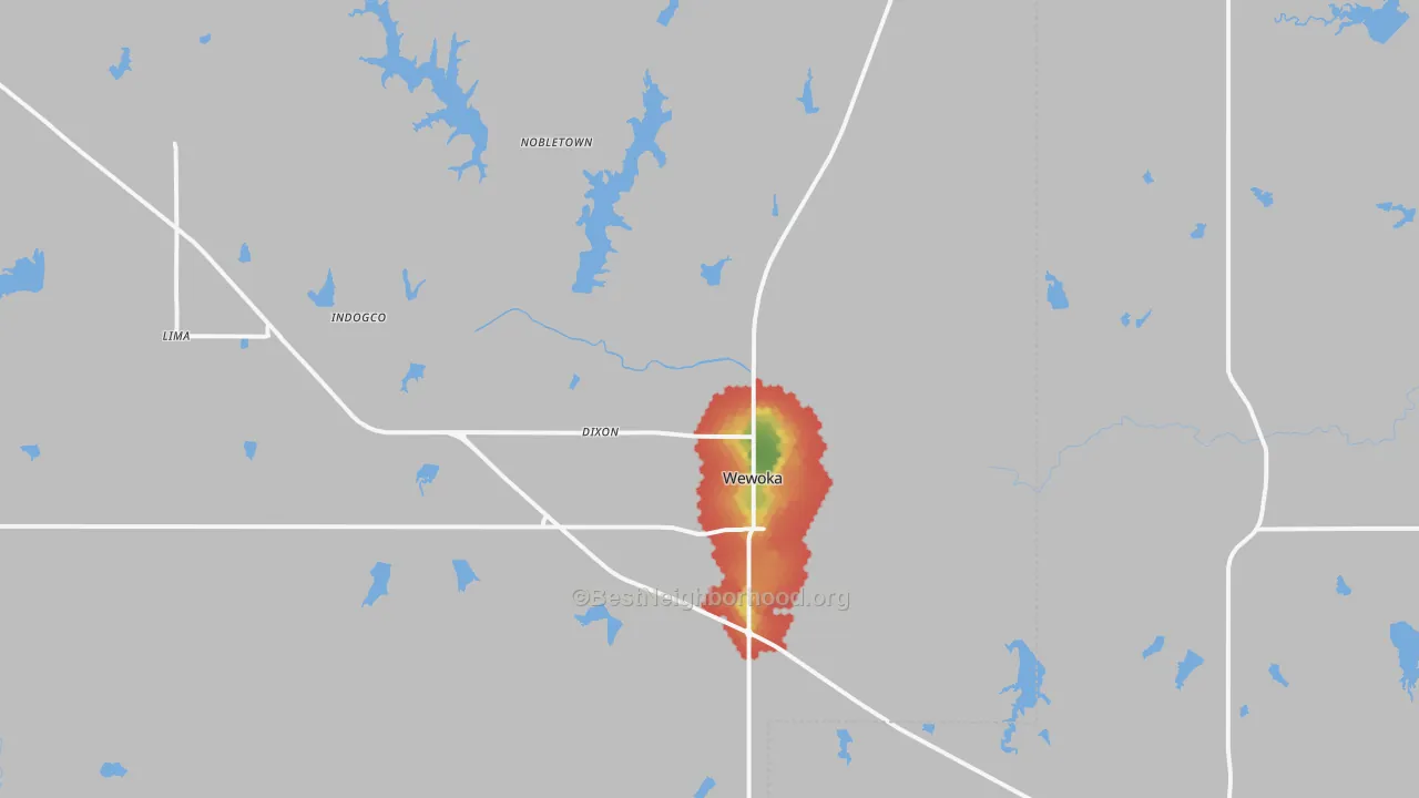 Walk Grade map of Wewoka, OK, walkable areas in green and car-dependent areas in red