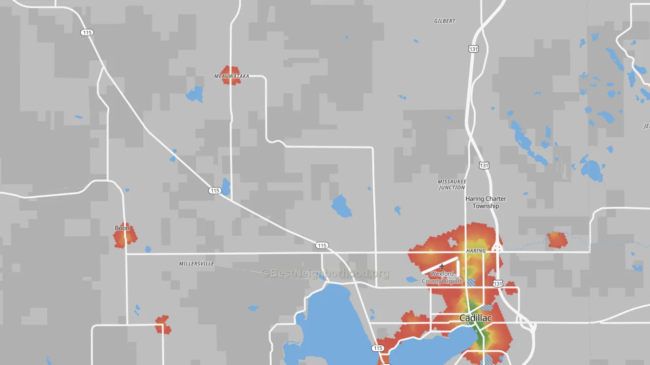 Walk Grade map of Wexford County, MI, walkable areas in green and car-dependent areas in red