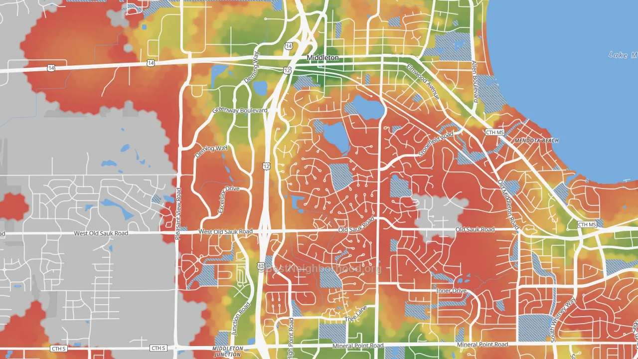 Walk Grade map of Wexford, Madison, WI, walkable areas in green and car-dependent areas in red