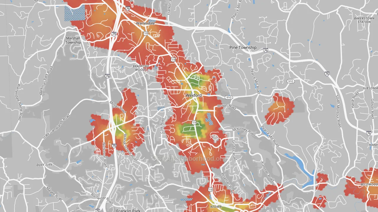 Walk Grade map of Wexford, PA, walkable areas in green and car-dependent areas in red