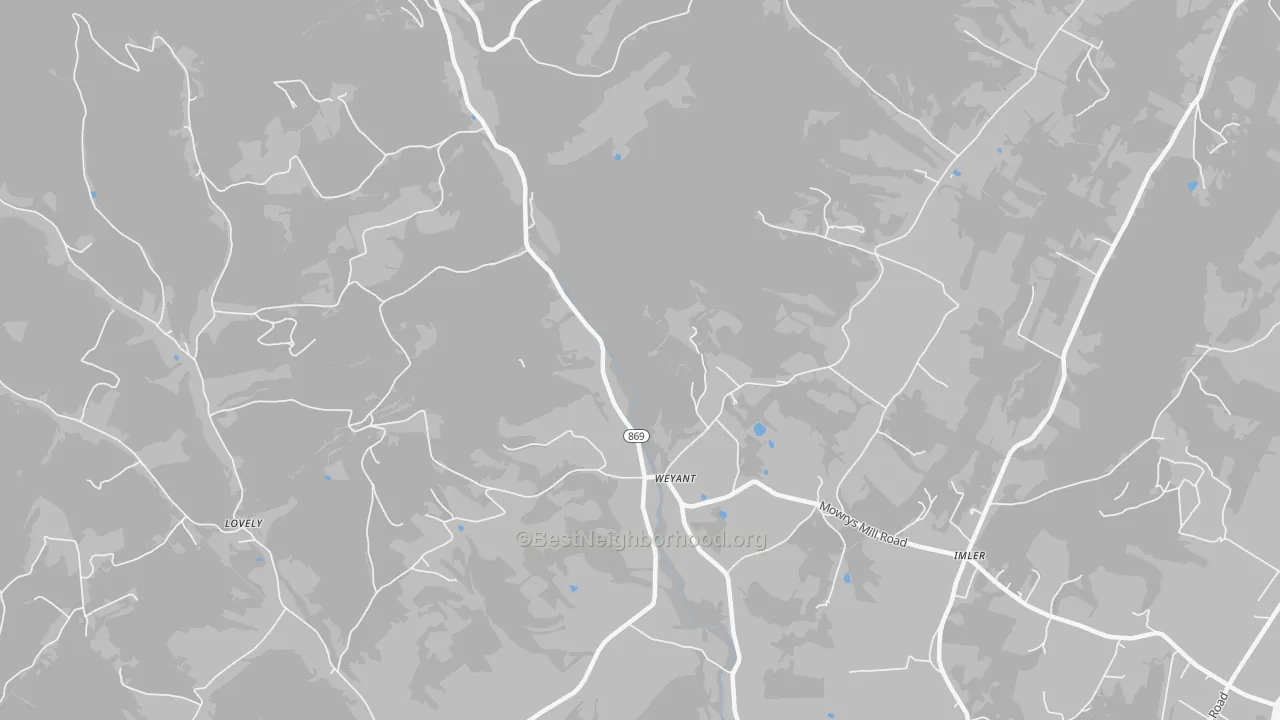 Walk Grade map of Weyant, PA, walkable areas in green and car-dependent areas in red