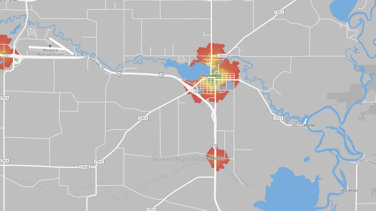 Walk Grade map of Weyauwega, WI, walkable areas in green and car-dependent areas in red