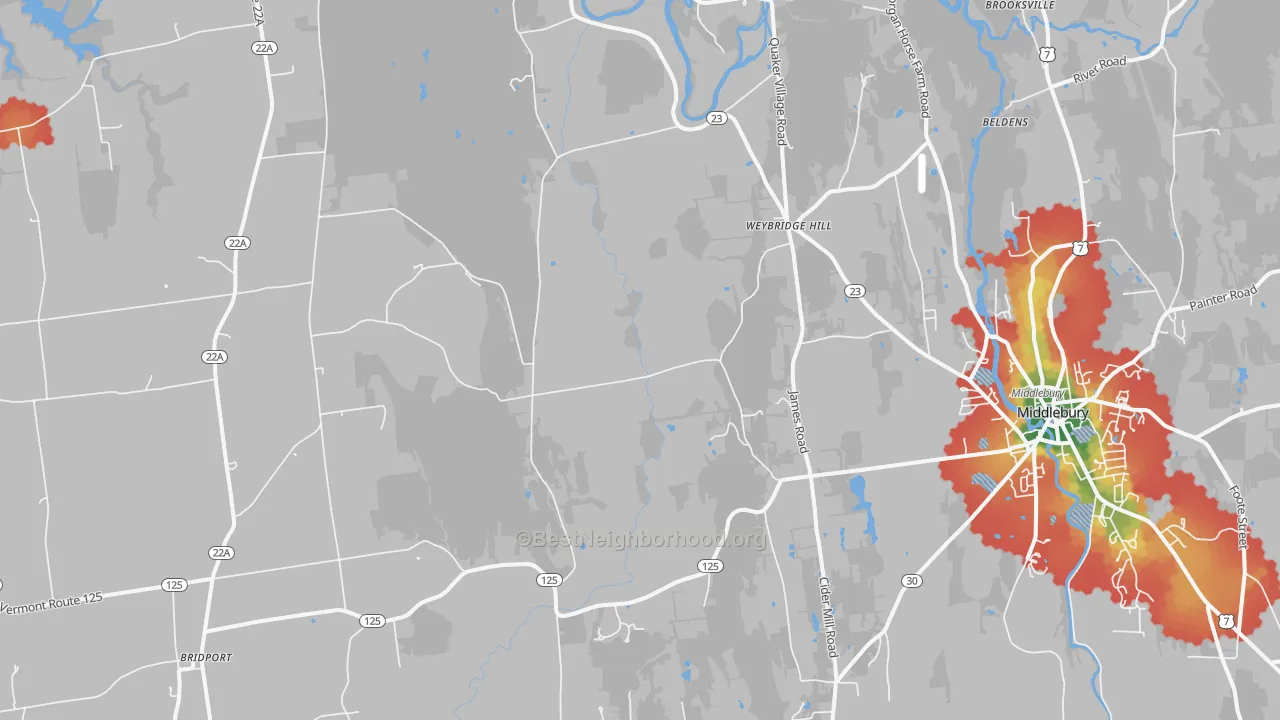 Walk Grade map of Weybridge Hill, VT, walkable areas in green and car-dependent areas in red