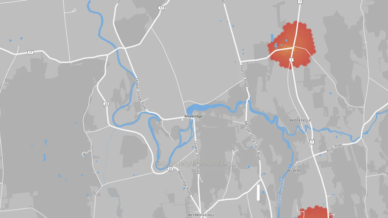 Walk Grade map of Weybridge, VT, walkable areas in green and car-dependent areas in red