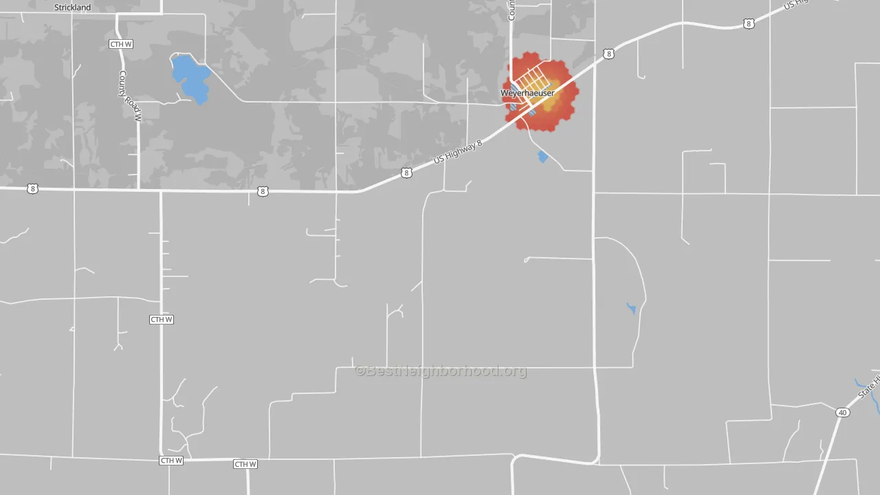 Walk Grade map of Weyerhaeuser, WI, walkable areas in green and car-dependent areas in red