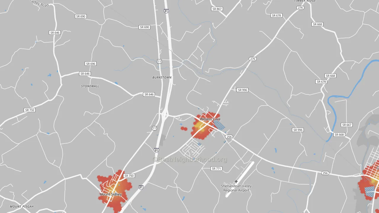 Walk Grade map of Weyers Cave, VA, walkable areas in green and car-dependent areas in red