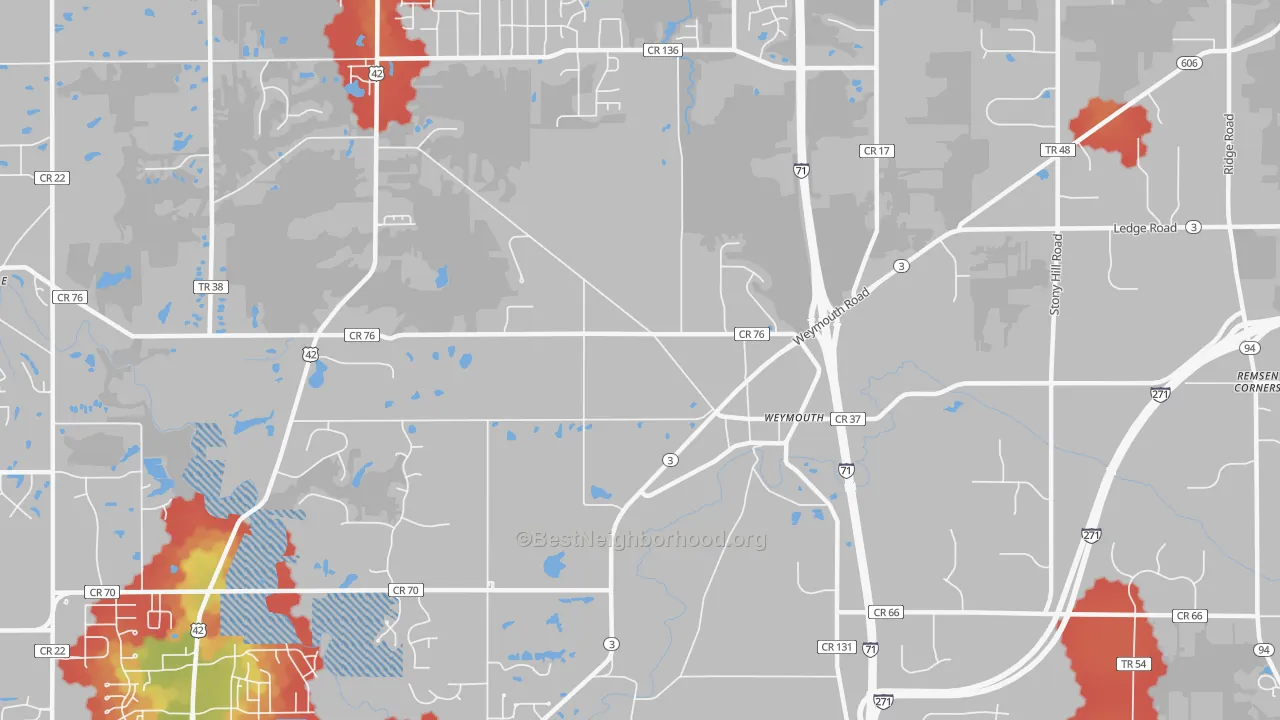 Walk Grade map of Weymouth, OH, walkable areas in green and car-dependent areas in red