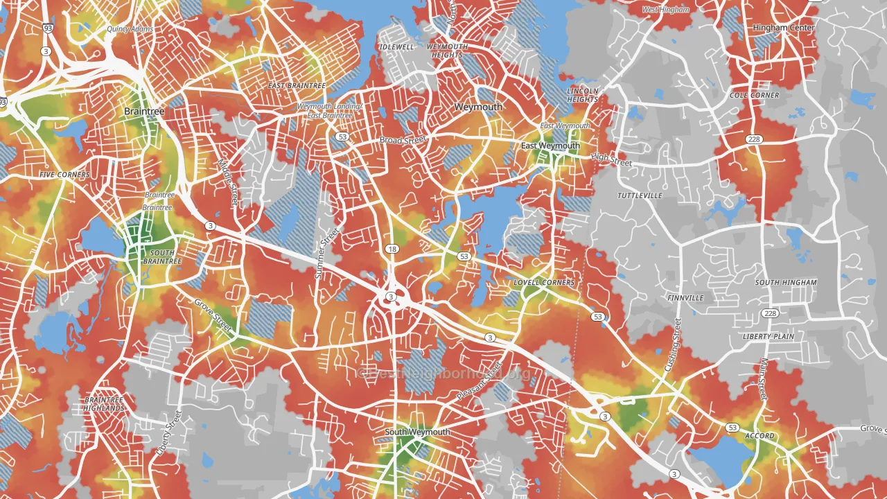 Walk Grade map of Weymouth Town, MA, walkable areas in green and car-dependent areas in red