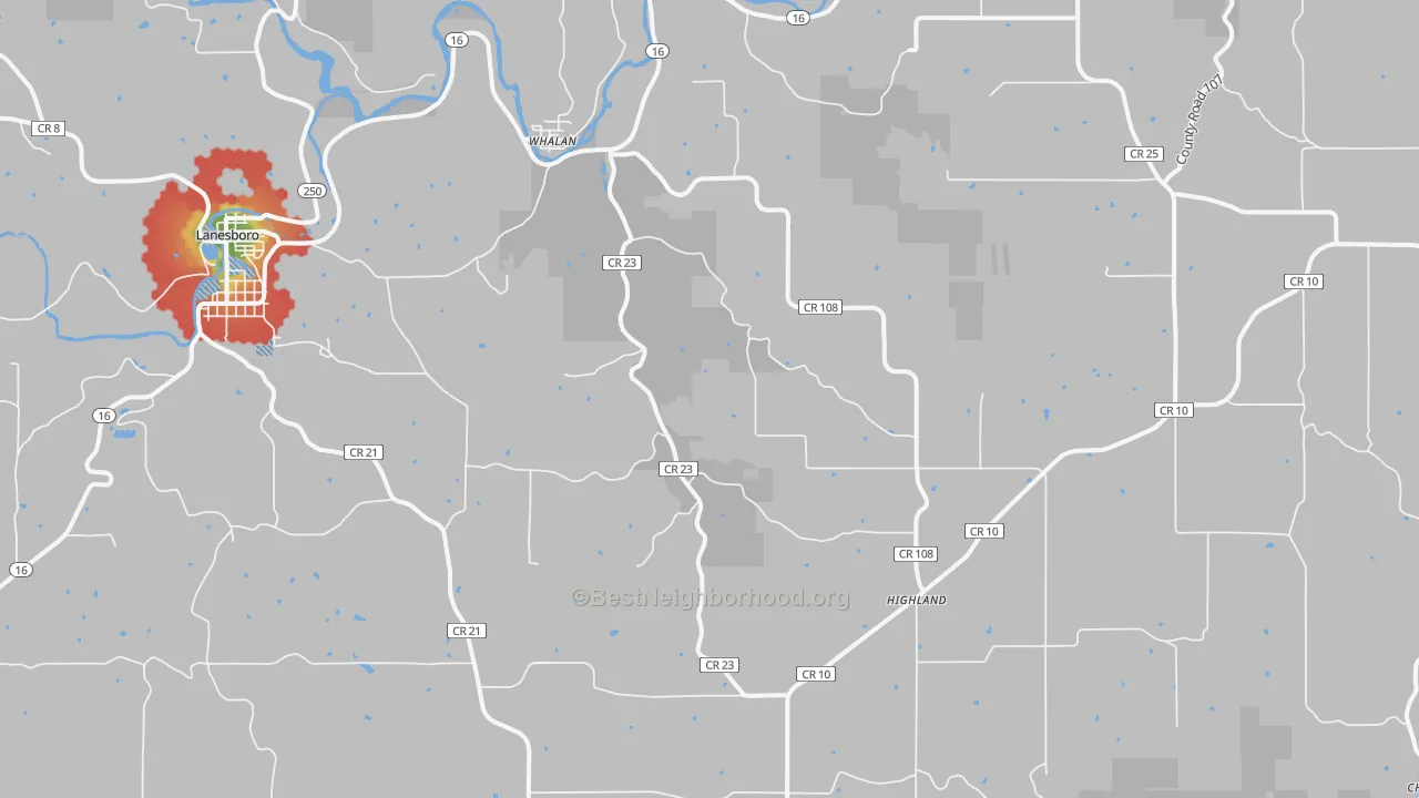 Walk Grade map of Whalan, MN, walkable areas in green and car-dependent areas in red