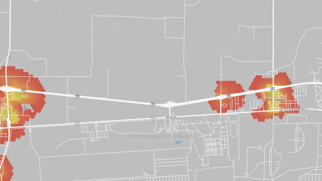 Walk Grade map of Whaley, TX, walkable areas in green and car-dependent areas in red