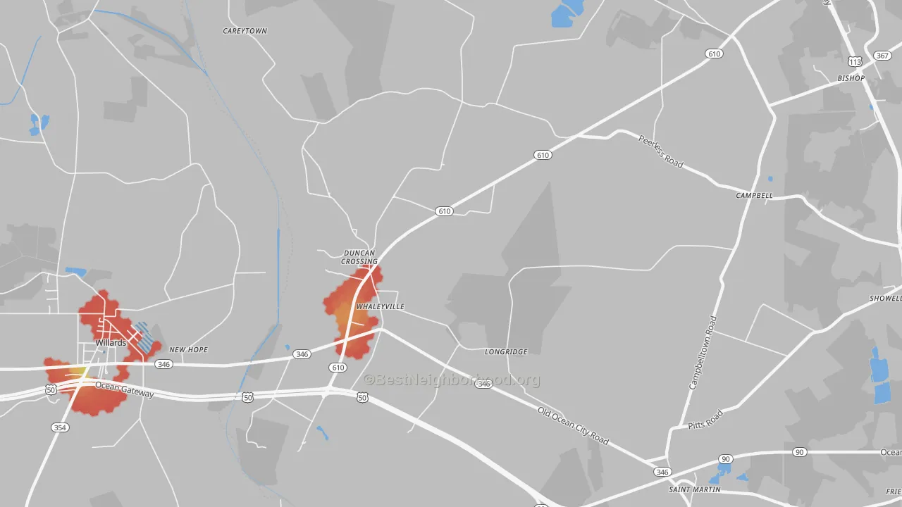 Walk Grade map of Whaleyville, MD, walkable areas in green and car-dependent areas in red