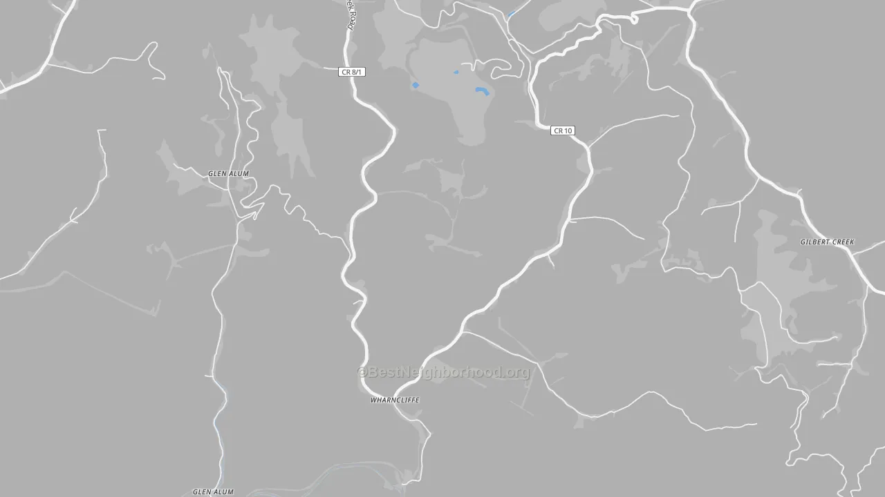 Walk Grade map of Wharncliffe, WV, walkable areas in green and car-dependent areas in red