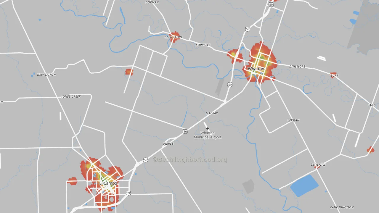 Walk Grade map of Wharton County, TX, walkable areas in green and car-dependent areas in red