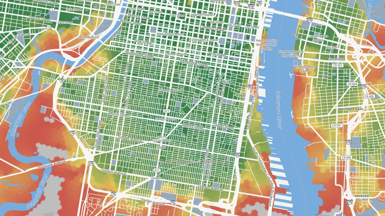 Walk Grade map of Wharton-Hawthorne-Bella Vista, Philadelphia, PA, walkable areas in green and car-dependent areas in red