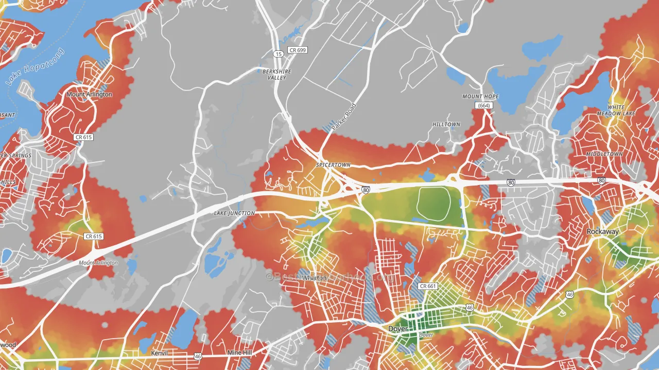 Walk Grade map of Wharton, NJ, walkable areas in green and car-dependent areas in red