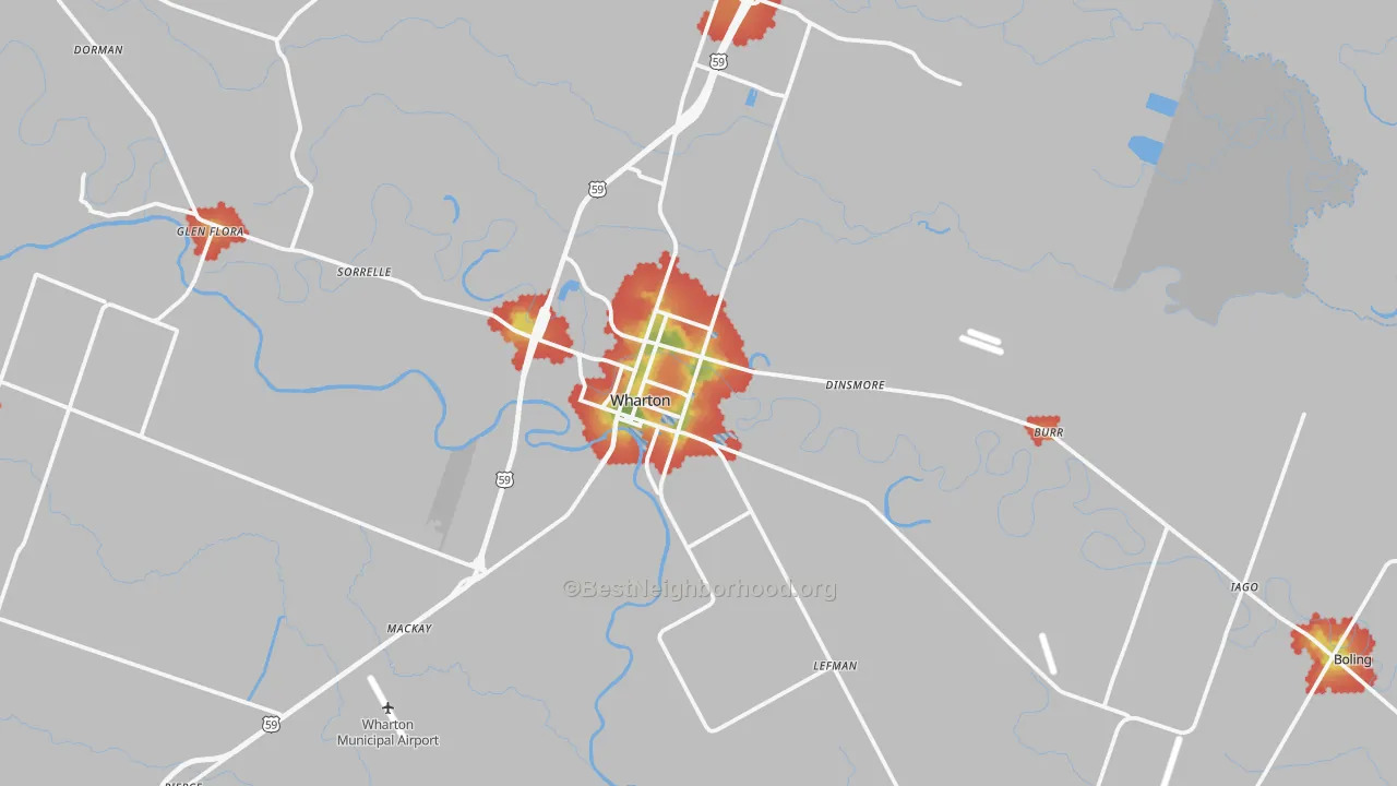 Walk Grade map of Wharton, TX, walkable areas in green and car-dependent areas in red