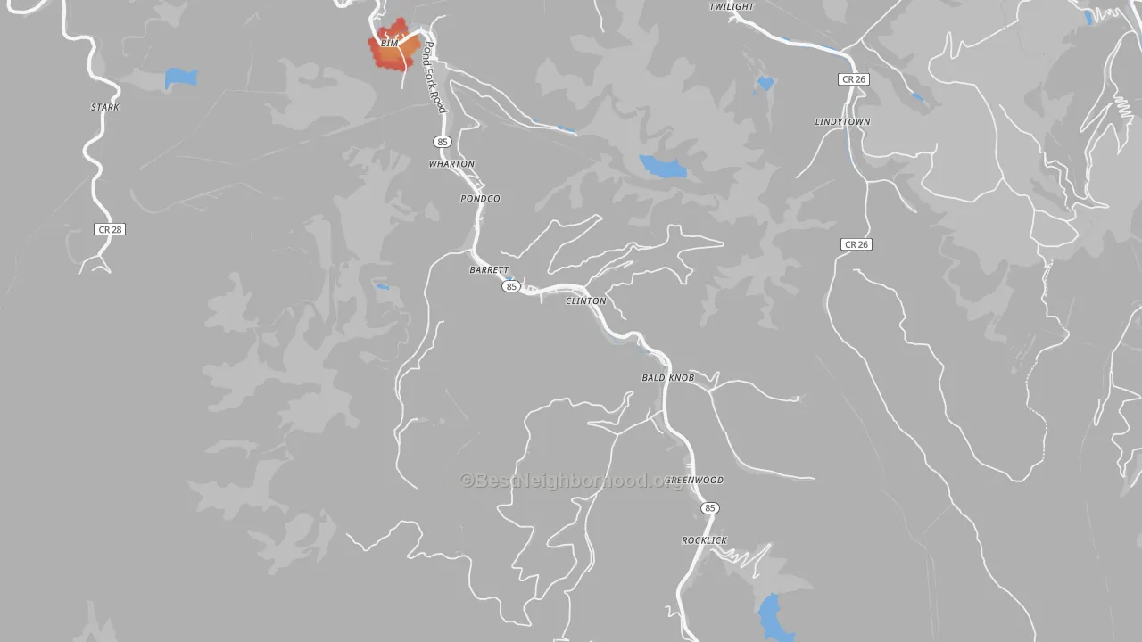 Walk Grade map of Wharton, WV, walkable areas in green and car-dependent areas in red