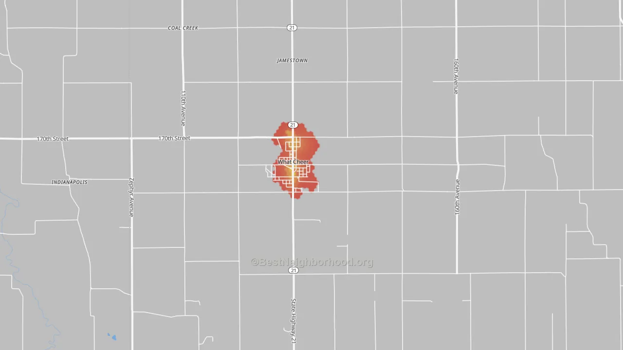 Walk Grade map of What Cheer, IA, walkable areas in green and car-dependent areas in red