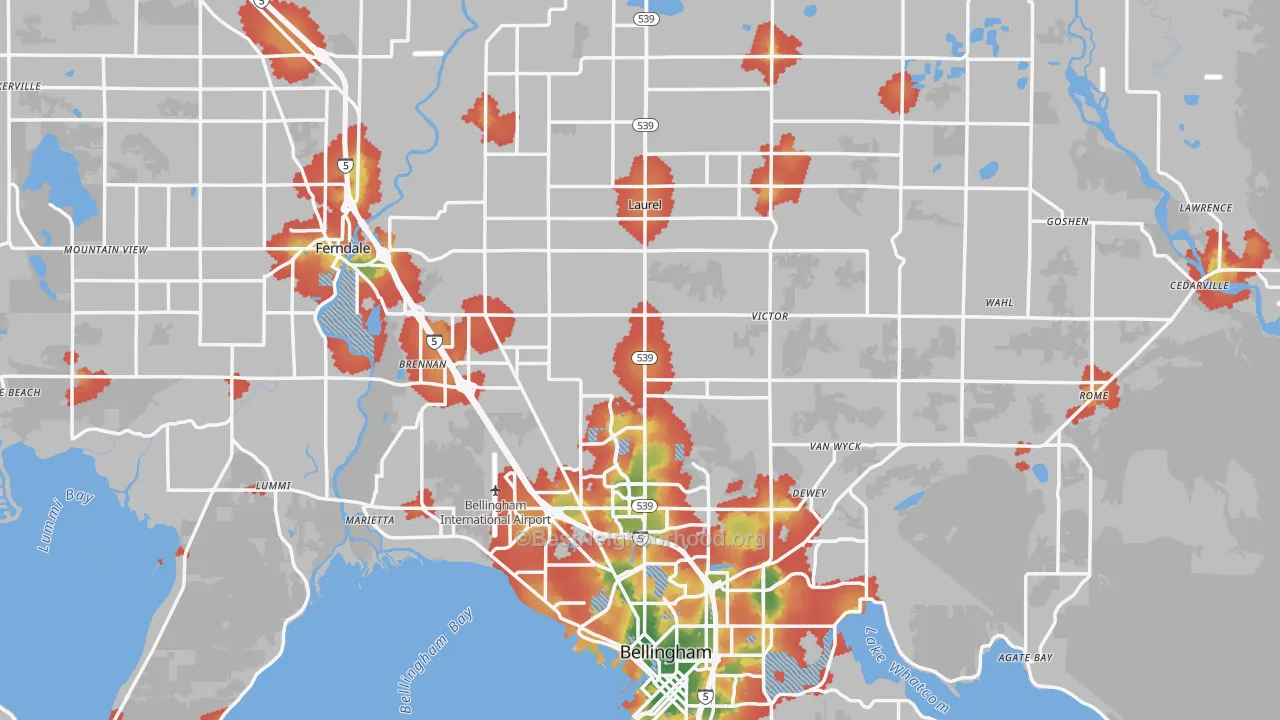 Walk Grade map of Whatcom County, WA, walkable areas in green and car-dependent areas in red