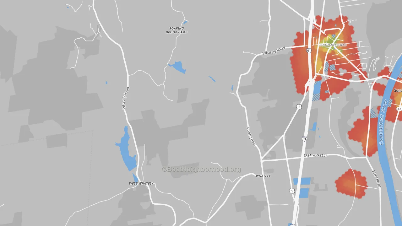 Walk Grade map of Whately, MA, walkable areas in green and car-dependent areas in red