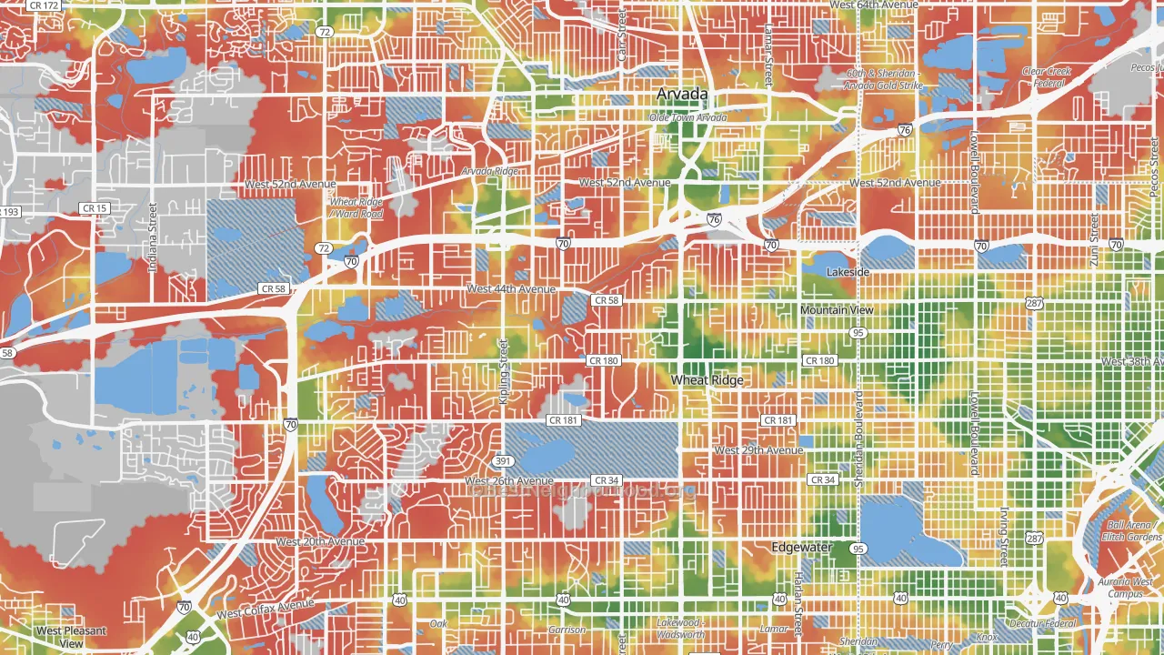 Walk Grade map of Wheat Ridge, CO, walkable areas in green and car-dependent areas in red