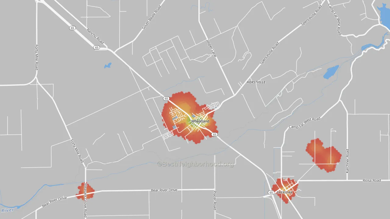 Walk Grade map of Wheatland, CA, walkable areas in green and car-dependent areas in red