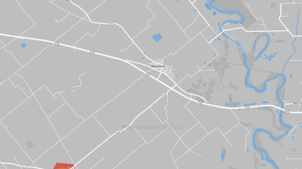 Walk Grade map of Wheatland, IN, walkable areas in green and car-dependent areas in red
