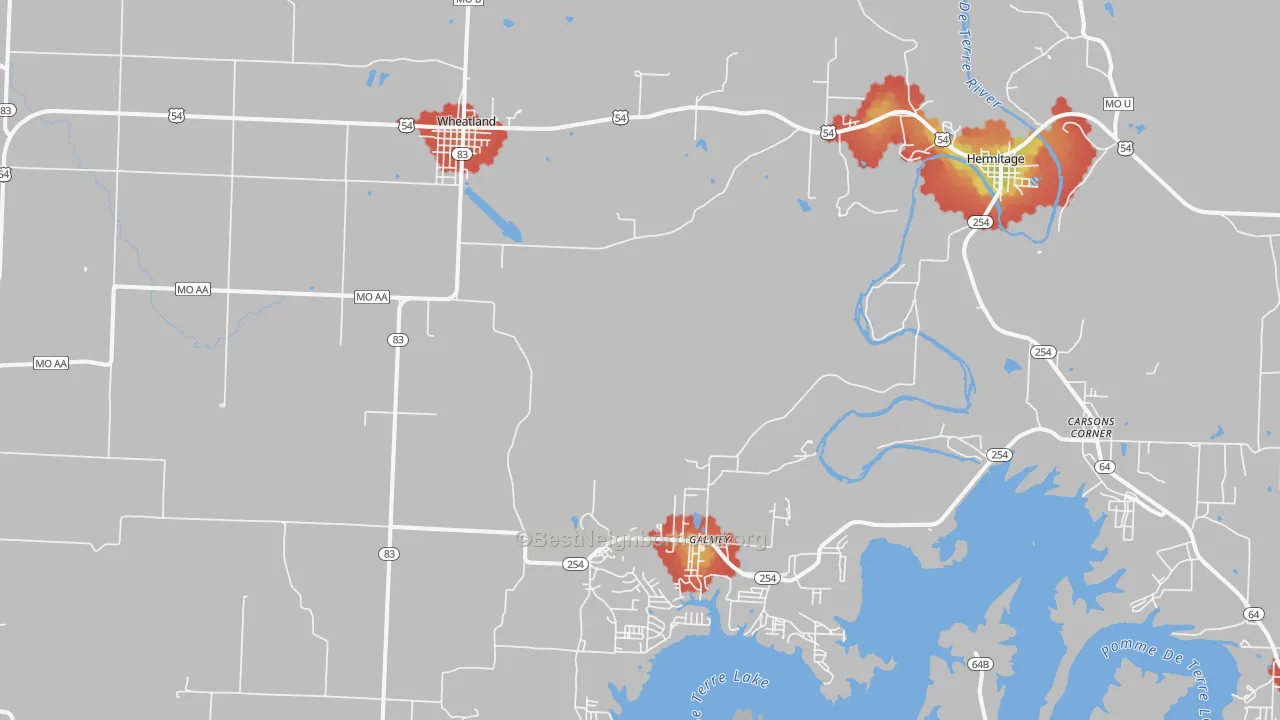 Walk Grade map of Wheatland, MO, walkable areas in green and car-dependent areas in red