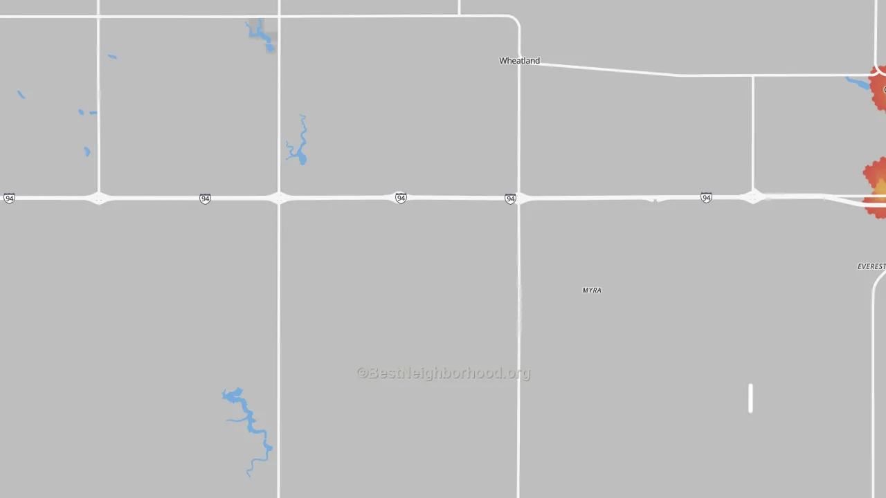 Walk Grade map of Wheatland, ND, walkable areas in green and car-dependent areas in red