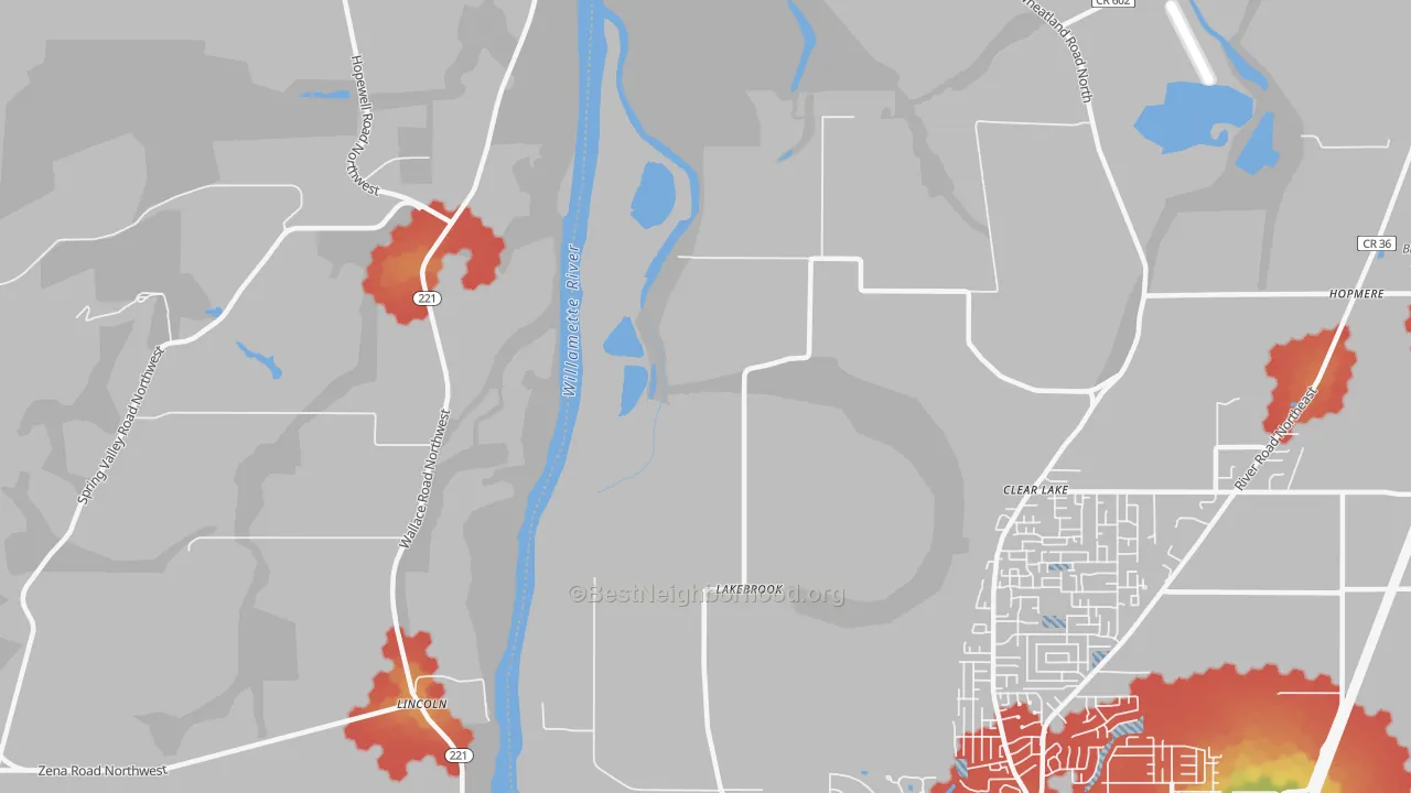 Walk Grade map of Wheatland, OR, walkable areas in green and car-dependent areas in red