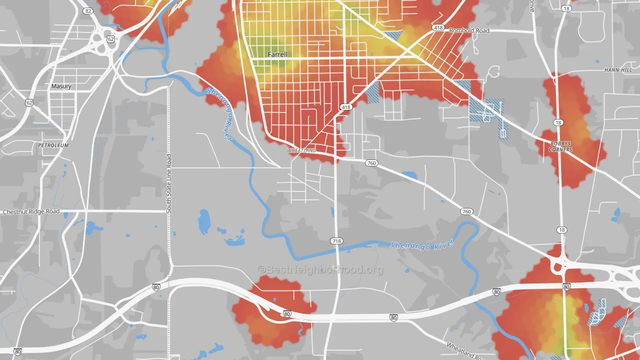 Walk Grade map of Wheatland, PA, walkable areas in green and car-dependent areas in red