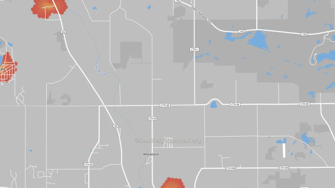 Walk Grade map of Wheatland, WI, walkable areas in green and car-dependent areas in red
