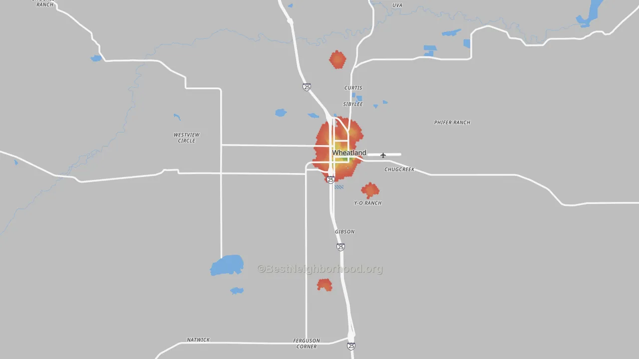 Walk Grade map of Wheatland, WY, walkable areas in green and car-dependent areas in red