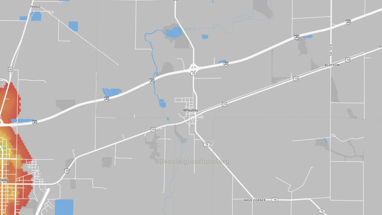 Walk Grade map of Wheatley, AR, walkable areas in green and car-dependent areas in red