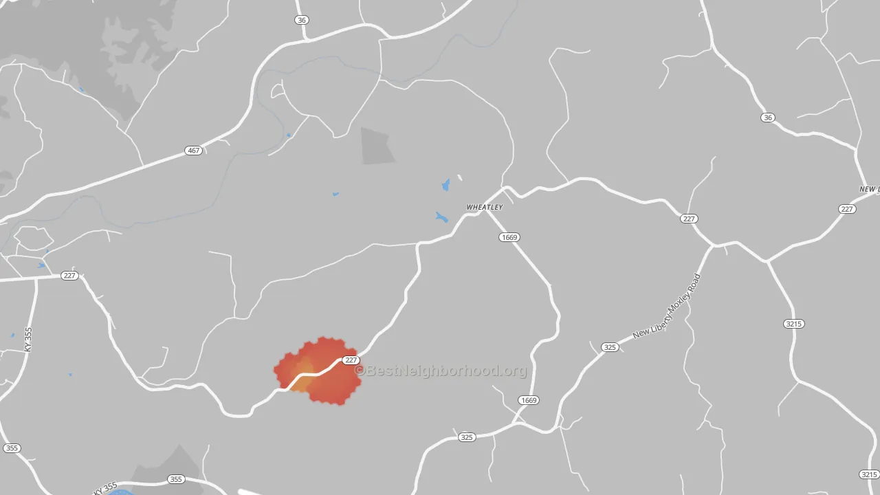 Walk Grade map of Wheatley, KY, walkable areas in green and car-dependent areas in red