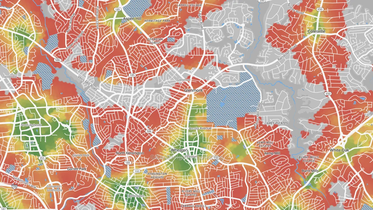 Walk Grade map of Wheaton-Glenmont, Wheaton, MD, walkable areas in green and car-dependent areas in red