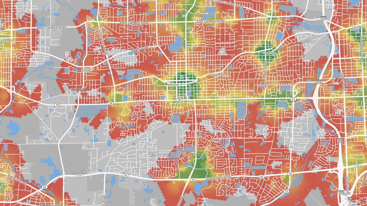 Walk Grade map of Wheaton, IL, walkable areas in green and car-dependent areas in red