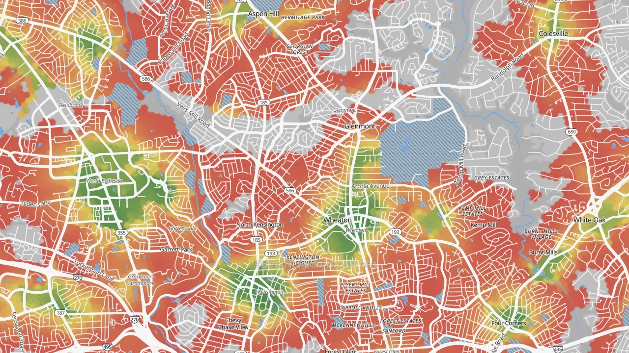 Walk Grade map of Wheaton, MD, walkable areas in green and car-dependent areas in red