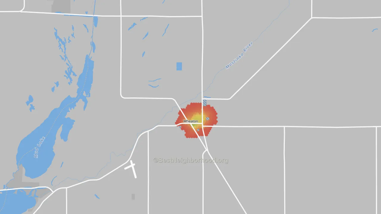 Walk Grade map of Wheaton, MN, walkable areas in green and car-dependent areas in red
