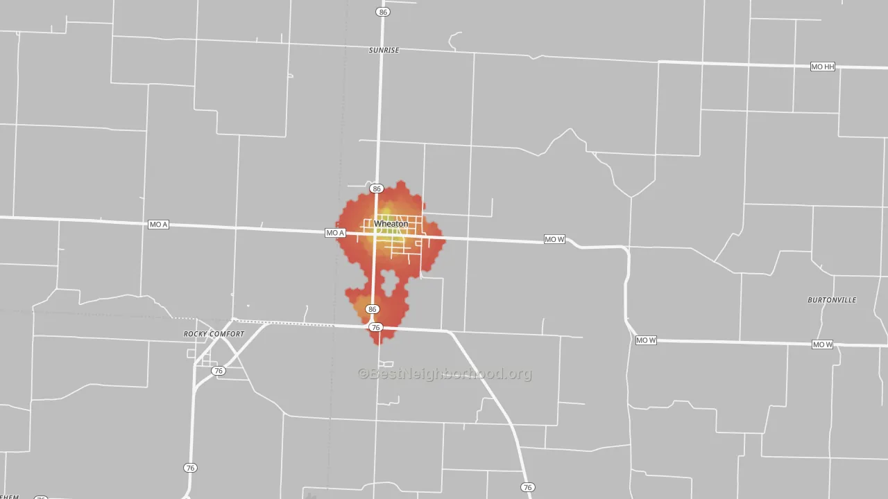 Walk Grade map of Wheaton, MO, walkable areas in green and car-dependent areas in red