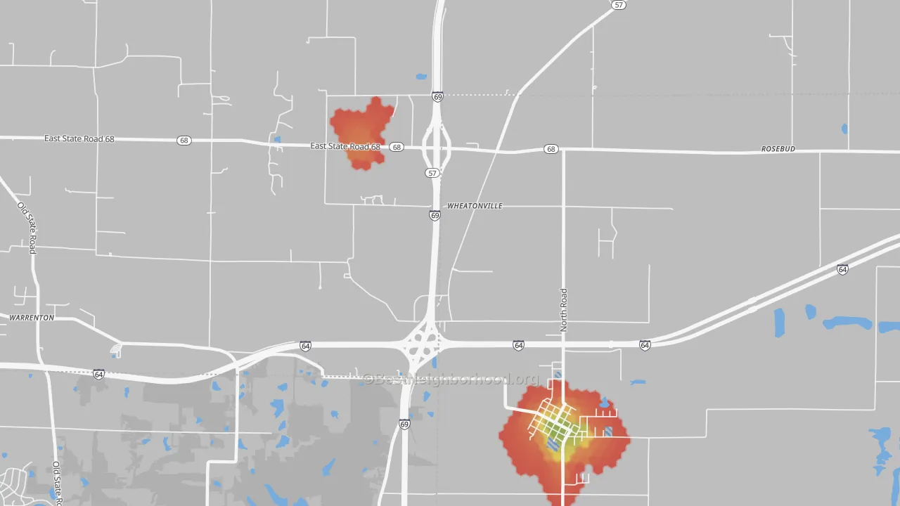 Walk Grade map of Wheatonville, IN, walkable areas in green and car-dependent areas in red