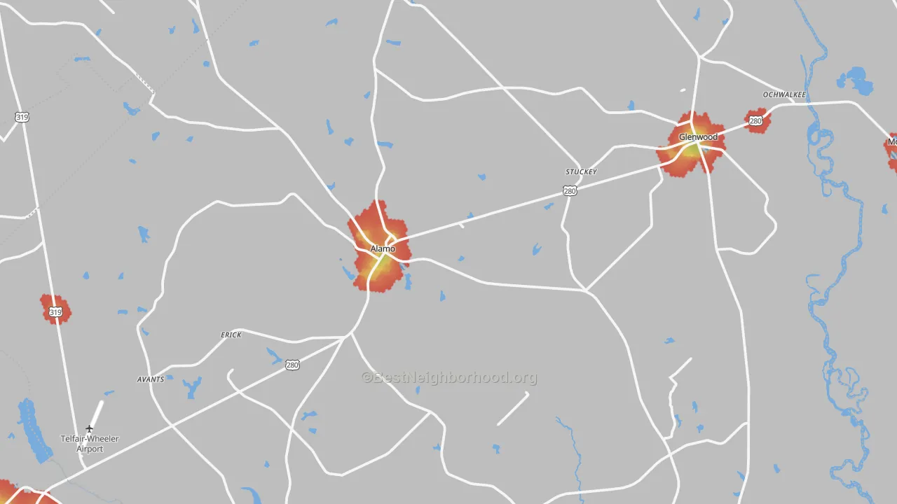 Walk Grade map of Wheeler County, GA, walkable areas in green and car-dependent areas in red