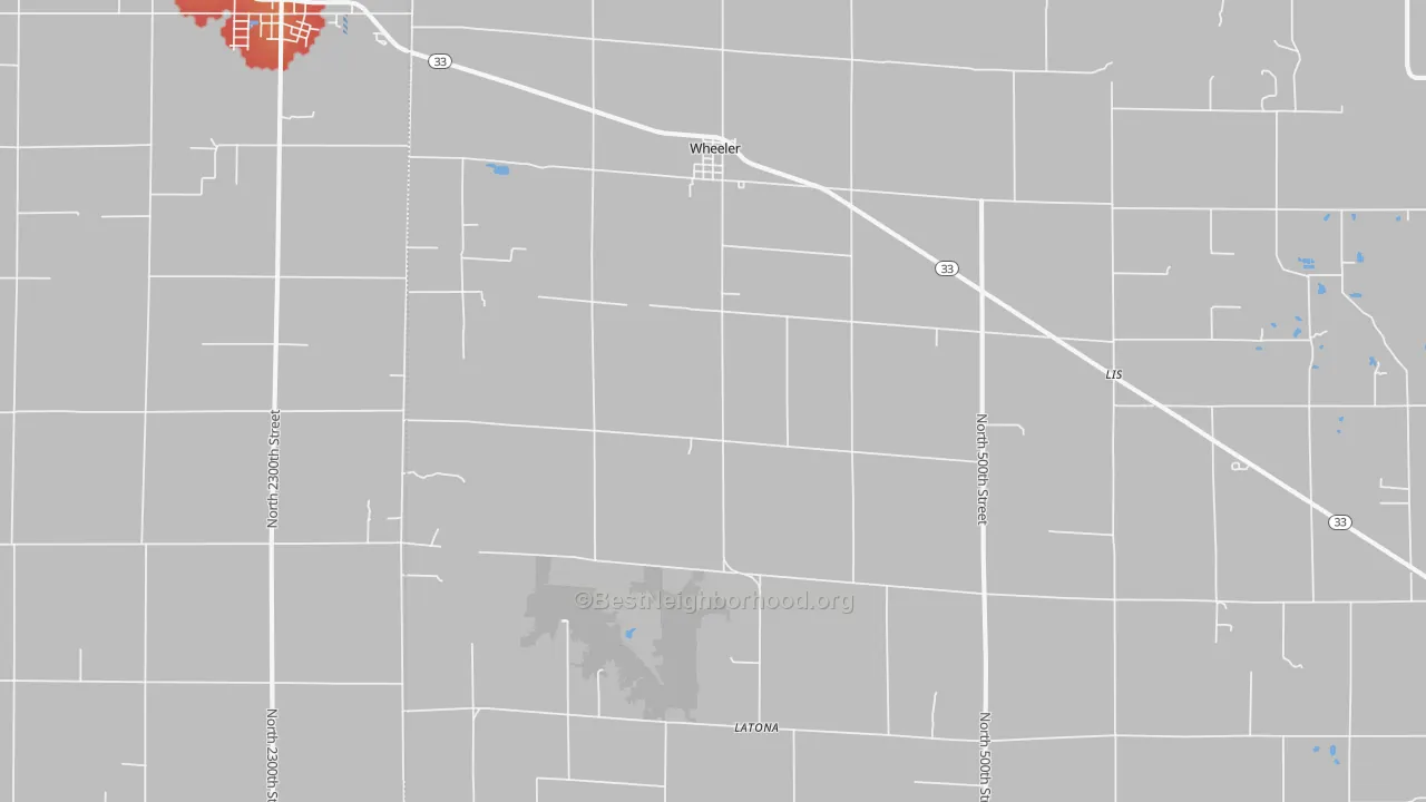 Walk Grade map of Wheeler, IL, walkable areas in green and car-dependent areas in red