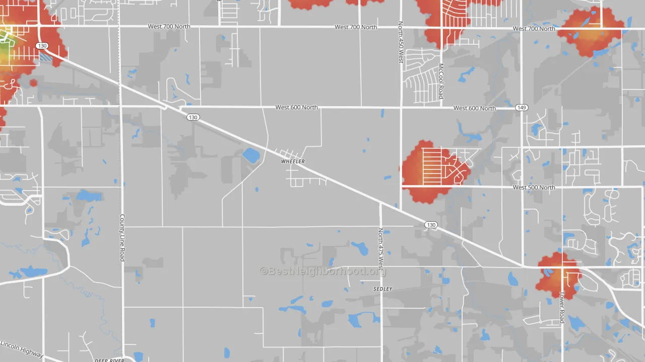 Walk Grade map of Wheeler, IN, walkable areas in green and car-dependent areas in red